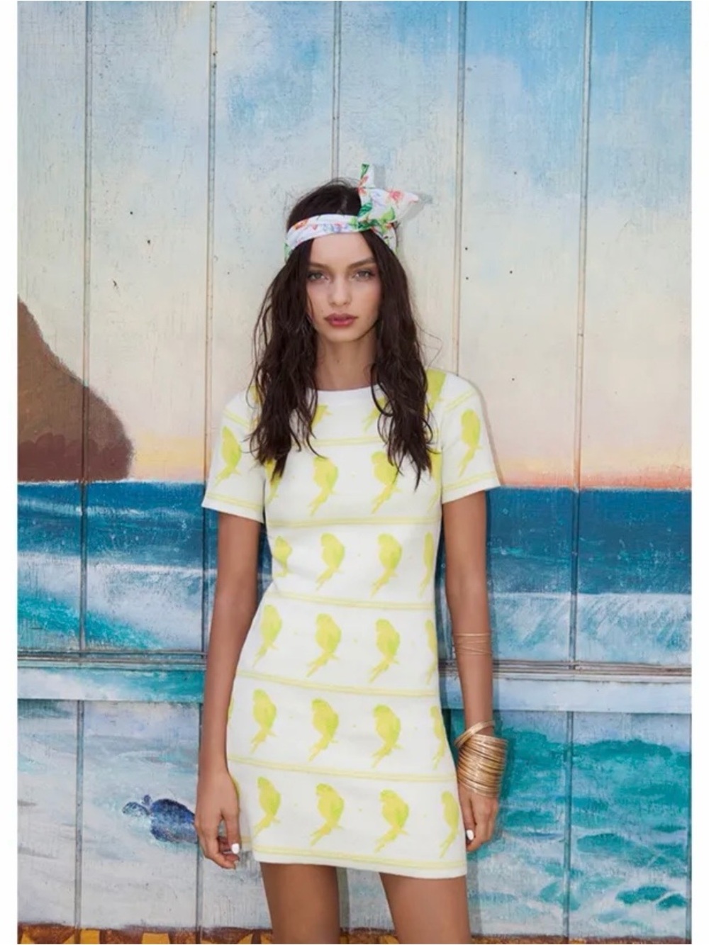 Knitz For Love and Lemons Sheath Dress Yellow Parrot Print Size Large